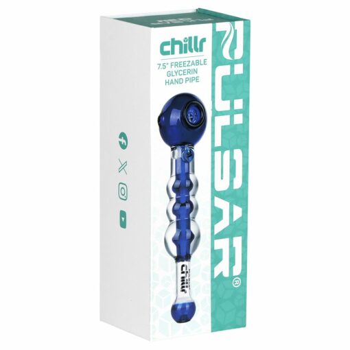 Pulsar Chillr Glycerin Glass Hand Pipe in blue, showcasing its spoon style and borosilicate glass design, filled with freezable glycerin for enhanced cooling.