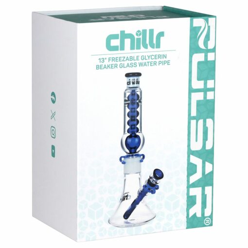 Pulsar Chillr Glycerin Beaker Glass Water Pipe in blue, showcasing its 13-inch height, borosilicate glass, and 3 pinch ice catcher for enhanced cooling.