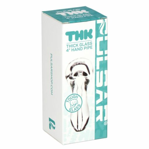 Pulsar THK 9mm Glass Spoon Pipe, 4 inches long, made of durable borosilicate glass with a sleek design and vibrant logo.