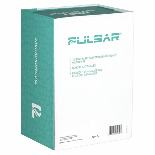 Pulsar Chillr Glycerin Beaker Glass Water Pipe in blue, showcasing its 13-inch height, borosilicate glass, and 3 pinch ice catcher for enhanced cooling.