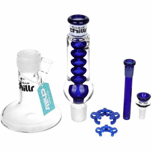 Pulsar Chillr Glycerin Straight Tube Water Pipe in blue, showcasing a 13-inch height, flared base, and 3 pinch ice catcher for enhanced smoking experience.