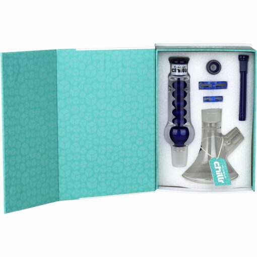 Pulsar Chillr Glycerin Beaker Glass Water Pipe in blue, showcasing its 13-inch height, borosilicate glass, and 3 pinch ice catcher for enhanced cooling.