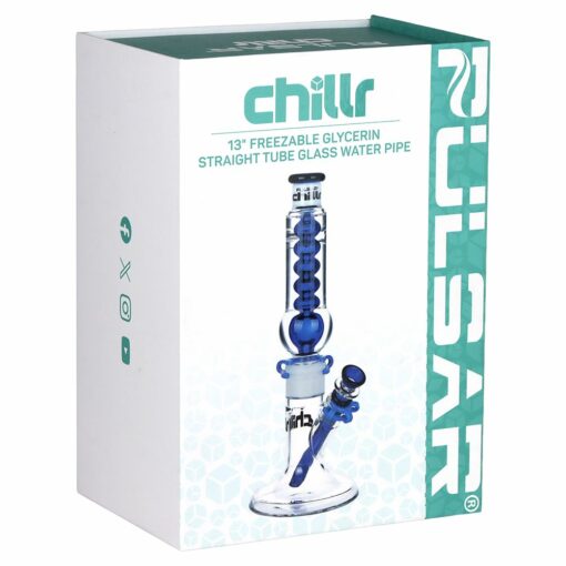 Pulsar Chillr Glycerin Straight Tube Water Pipe in blue, showcasing a 13-inch height, flared base, and 3 pinch ice catcher for enhanced smoking experience.