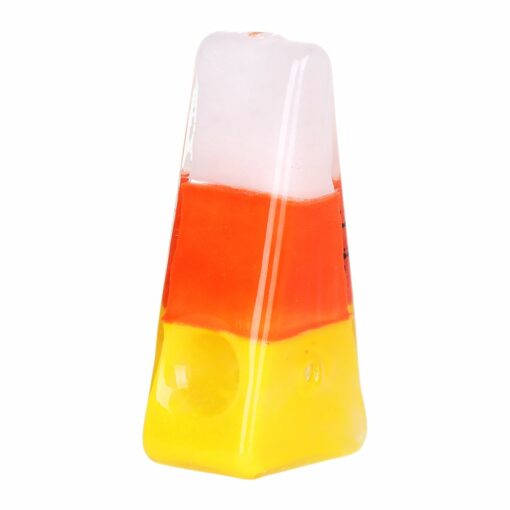 Pulsar Kandy Korn Glass Hand Pipe featuring a colorful borosilicate design, 3.9 inches long, shaped like Kandy Korn with the Pulsar logo.