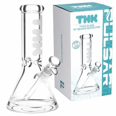 Pulsar 'THK' 9mm Beaker Glass Water Pipe standing 10 inches tall, featuring a 3 pinch ice catcher, and made from durable borosilicate glass. - Default Title