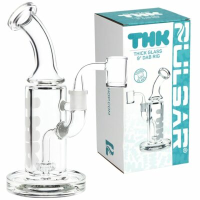 Pulsar 'THK' 9mm Glass Dab Rig showcasing its sleek bent neck design and showerhead percolator, made from durable borosilicate glass. - Default Title