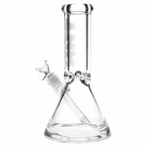 Pulsar 'THK' 9mm Beaker Glass Water Pipe standing 10 inches tall, featuring a 3 pinch ice catcher, and made from durable borosilicate glass.
