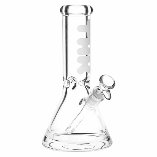 Pulsar 'THK' 9mm Beaker Glass Water Pipe standing 10 inches tall, featuring a 3 pinch ice catcher, and made from durable borosilicate glass.