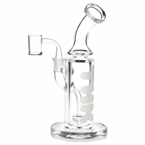 Pulsar 'THK' 9mm Glass Dab Rig showcasing its sleek bent neck design and showerhead percolator, made from durable borosilicate glass.