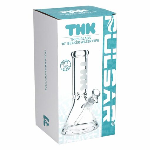 Pulsar 'THK' 9mm Beaker Glass Water Pipe standing 10 inches tall, featuring a 3 pinch ice catcher, and made from durable borosilicate glass.