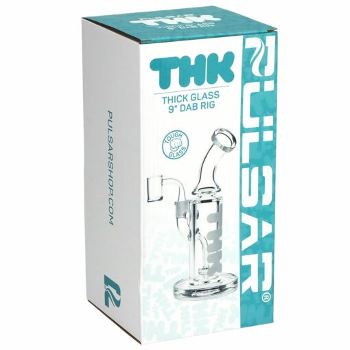 Pulsar 'THK' 9mm Glass Dab Rig showcasing its sleek bent neck design and showerhead percolator, made from durable borosilicate glass.