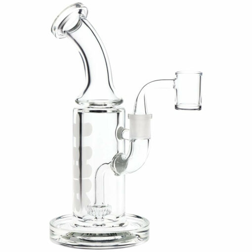 Pulsar 'THK' 9mm Glass Dab Rig showcasing its sleek bent neck design and showerhead percolator, made from durable borosilicate glass.