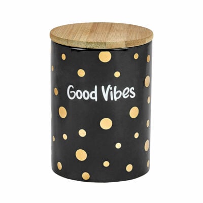 Stylish Good Vibes Gold Polka Dots Deluxe Canister Stash Jar featuring a sleek design with vibrant gold polka dots, perfect for storing herbs. - White