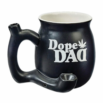 High-quality black ceramic mug featuring a chubby design with 'Dope Dad' text, perfect for enjoying your favorite beverages and smoking sessions. - Camo