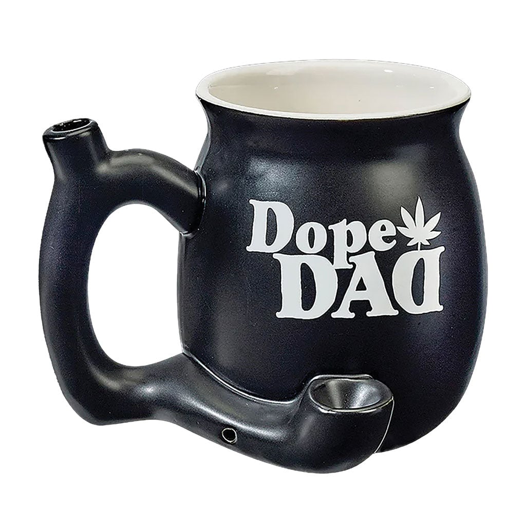 High-quality black ceramic mug featuring a chubby design with 'Dope Dad' text, perfect for enjoying your favorite beverages and smoking sessions. - Camo