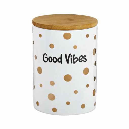 Stylish Good Vibes Gold Polka Dots Deluxe Canister Stash Jar featuring a sleek design with vibrant gold polka dots, perfect for storing herbs.