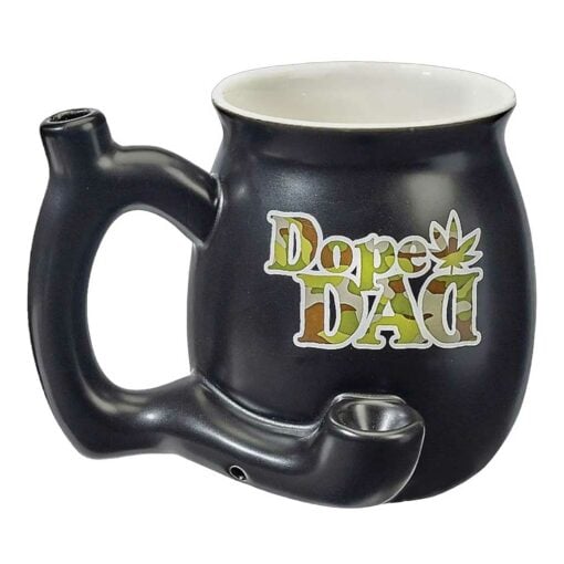 High-quality black ceramic mug featuring a chubby design with 'Dope Dad' text, perfect for enjoying your favorite beverages and smoking sessions.