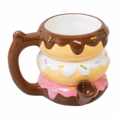 A stylish donut-shaped mug that doubles as a pipe, featuring a glossy finish and ergonomic design for comfortable smoking. - Donut