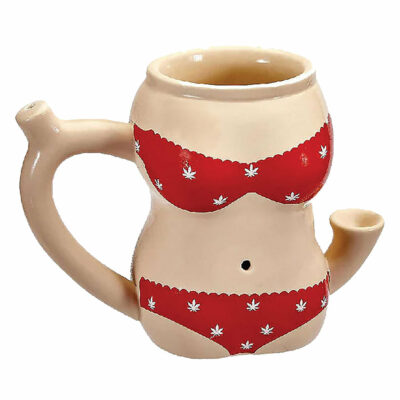 Red Bikini Premium Roast & Toast Pipe Mug featuring a unique bikini design, perfect for enjoying your favorite herbs in style. - Red