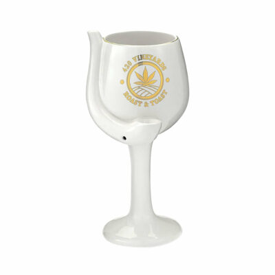 420 Vineyards Roast & Toast Ceramic Wine Glass Pipe showcasing its elegant wine glass shape, crafted from premium ceramic for a unique smoking experience. - White