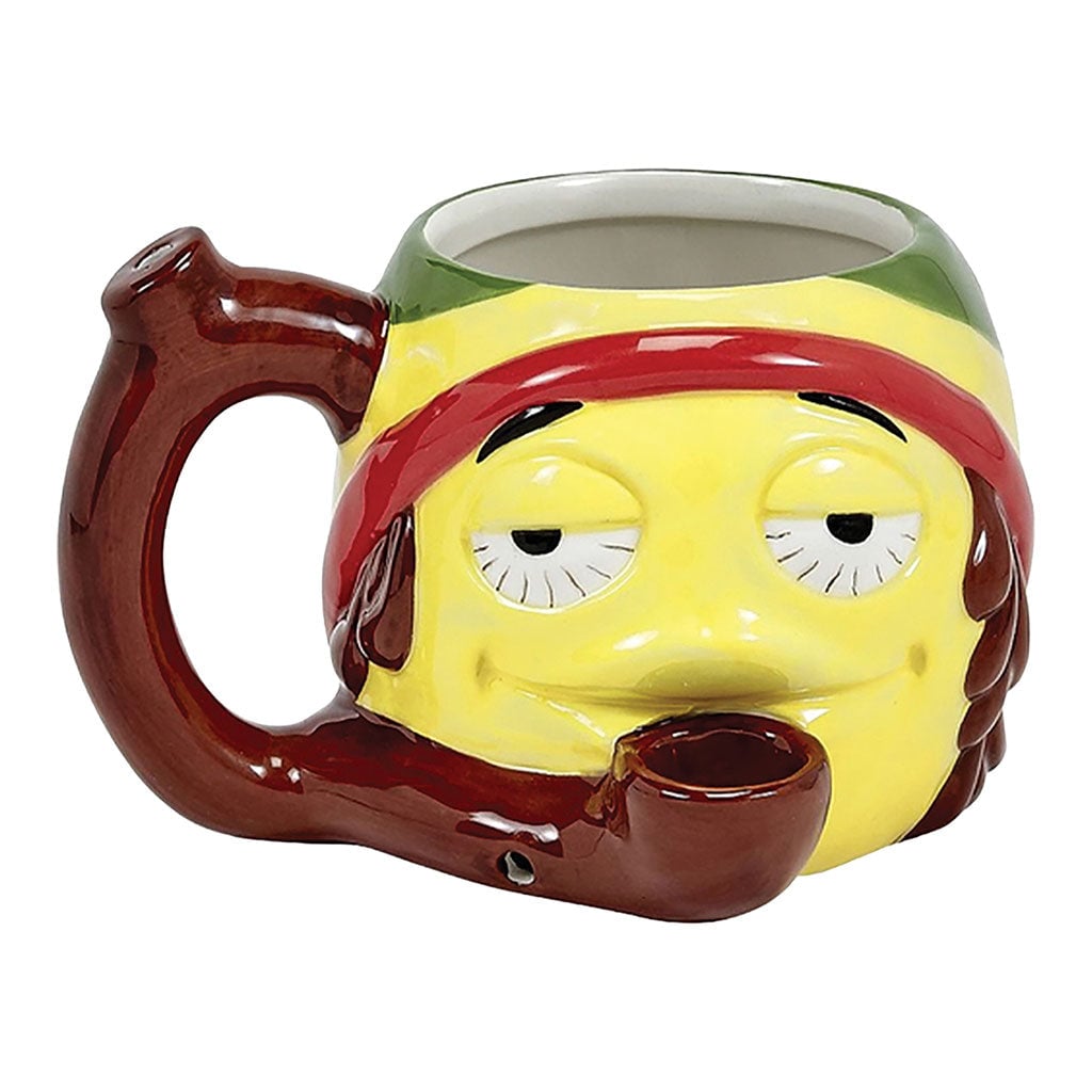 Rasta Stoned Emoji Pipe Mug featuring vibrant colors and a unique design, ideal for enjoying your favorite beverages while smoking. - Rasta