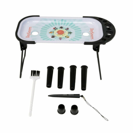DaySavers Fast Filling Rolling Tray featuring foldable legs, built-in cone funnels, and a sleek metal design, perfect for easy packing of pre-rolled cones.