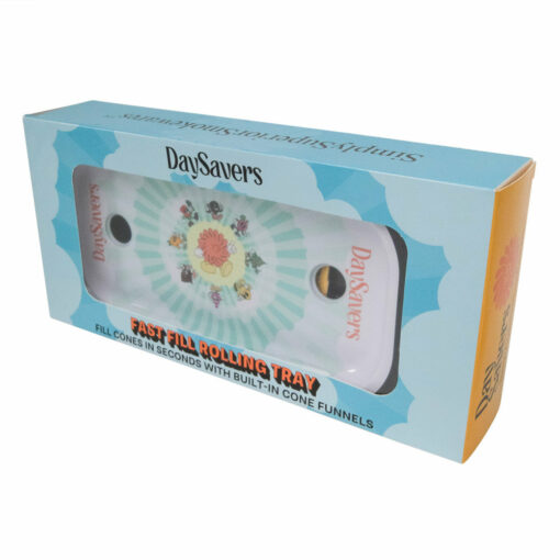 DaySavers Fast Filling Rolling Tray featuring foldable legs, built-in cone funnels, and a sleek metal design, perfect for easy packing of pre-rolled cones.