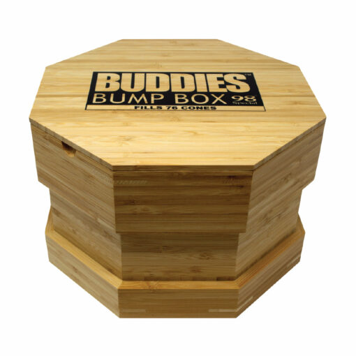 RAW Buddies Bump Box collection showcasing various sizes and wooden packing tools, designed for efficient and stylish rolling.