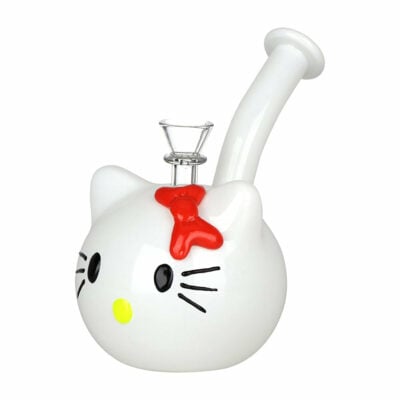 7-inch Kitty Glass Water Pipe featuring a novelty head design, fixed diffuser downstem, and angled mouthpiece, crafted from durable borosilicate glass. - Default Title