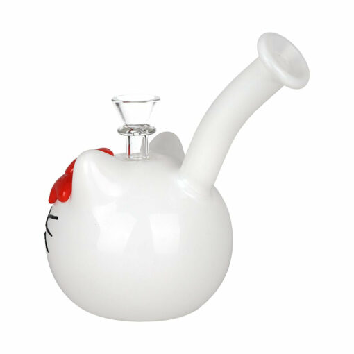 7-inch Kitty Glass Water Pipe featuring a novelty head design, fixed diffuser downstem, and angled mouthpiece, crafted from durable borosilicate glass.