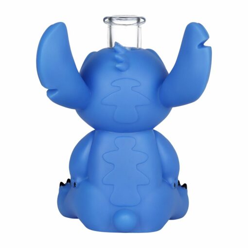 Little Blue Alien Creature Vinyl Water Pipe showcasing a unique design with a straight glass mouthpiece and removable diffuser downstem.