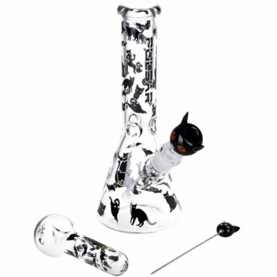 Pulsar Superstitious Kitty GLOW Glass Herb Pipe Duo featuring a 9.75 inch beaker style water pipe with glow in the dark accents and matching hand pipe. - Default Title