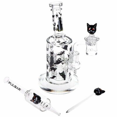 Pulsar Superstitious Kitty Glass Dab Rig Set featuring an 8-inch dab rig with a matrix percolator, glow-in-the-dark accents, and matching accessories. - Default Title