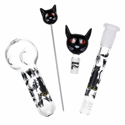 Pulsar Superstitious Kitty GLOW Glass Herb Pipe Duo featuring a 9.75 inch beaker style water pipe with glow in the dark accents and matching hand pipe.