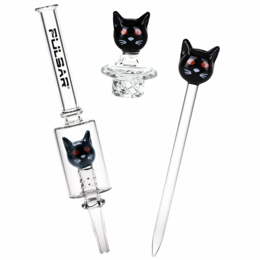 Pulsar Superstitious Kitty Glass Dab Rig Set featuring an 8-inch dab rig with a matrix percolator, glow-in-the-dark accents, and matching accessories.