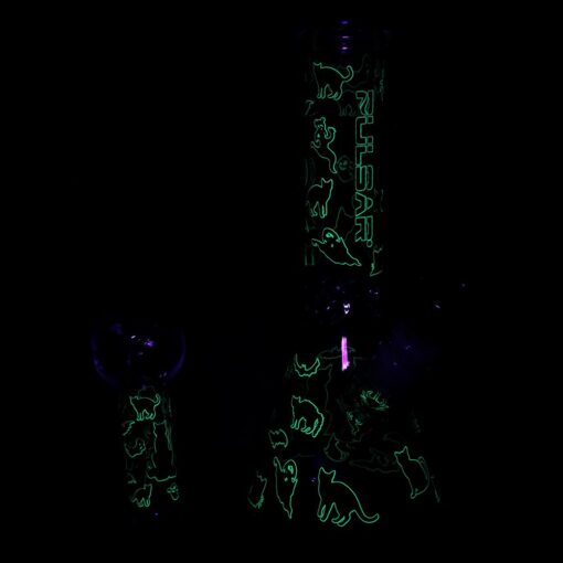 Pulsar Superstitious Kitty GLOW Glass Herb Pipe Duo featuring a 9.75 inch beaker style water pipe with glow in the dark accents and matching hand pipe.