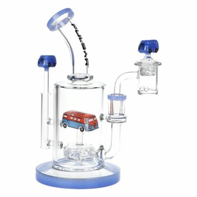 Pulsar Glow VW Bus Glass Dab Rig Set showcasing its 8.5-inch height, slitted disc percolator, and vibrant glow-in-the-dark accents. - Default Title