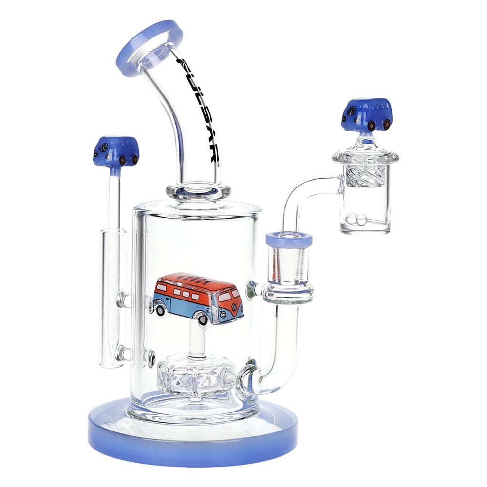Pulsar Glow VW Bus Glass Dab Rig Set showcasing its 8.5-inch height, slitted disc percolator, and vibrant glow-in-the-dark accents. - Default Title