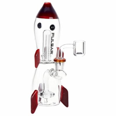 Pulsar Rocket Ship Glass Dab Rig featuring a unique rocket ship design, made from durable borosilicate glass with a showerhead perc and dome perc. - Default Title