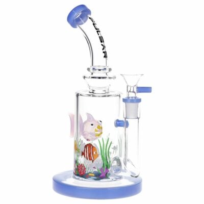 Pulsar Fish Out of Water Glass Water Pipe standing 9 inches tall, showcasing a slitted circ percolator, bent mouthpiece, and vibrant fish design. - Default Title