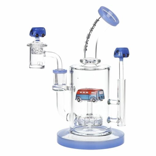 Pulsar Glow VW Bus Glass Dab Rig Set showcasing its 8.5-inch height, slitted disc percolator, and vibrant glow-in-the-dark accents.