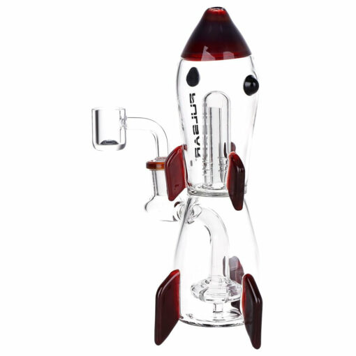 Pulsar Rocket Ship Glass Dab Rig featuring a unique rocket ship design, made from durable borosilicate glass with a showerhead perc and dome perc.