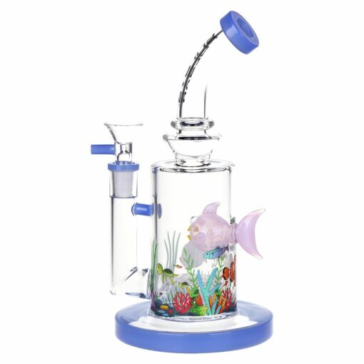 Pulsar Fish Out of Water Glass Water Pipe standing 9 inches tall, showcasing a slitted circ percolator, bent mouthpiece, and vibrant fish design.