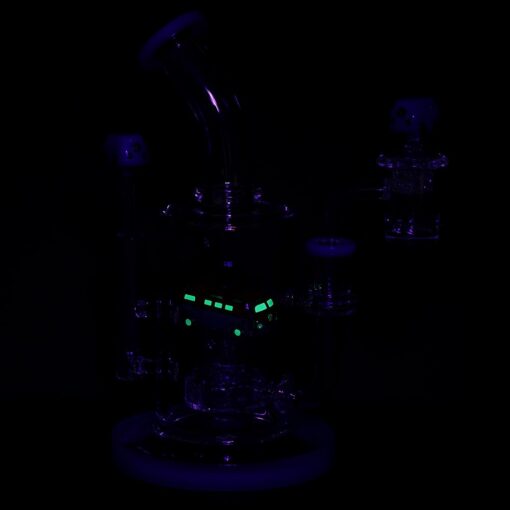 Pulsar Glow VW Bus Glass Dab Rig Set showcasing its 8.5-inch height, slitted disc percolator, and vibrant glow-in-the-dark accents.