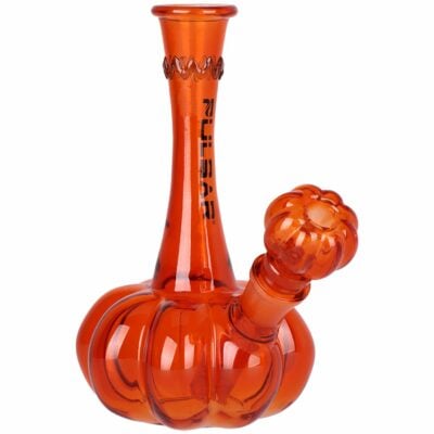 Pulsar Pumpkin Glass Water Pipe featuring a spooky pumpkin design, flared mouthpiece, and removable diffuser downstem, made of durable borosilicate glass. - Default Title