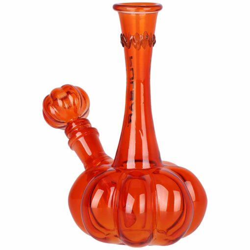 Pulsar Pumpkin Glass Water Pipe featuring a spooky pumpkin design, flared mouthpiece, and removable diffuser downstem, made of durable borosilicate glass.