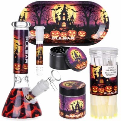 Pulsar Halloween House Beaker Glass Water Pipe with matching artwork, featuring a beaker style design, ice catcher, and complete smoking accessories. - Default Title