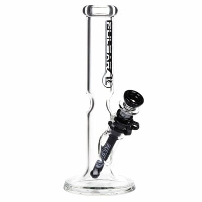 Pulsar Flared Straight Tube Glass Water Pipe showcasing its flared base, ice restriction, and vibrant logo, made from durable borosilicate glass. - Default Title