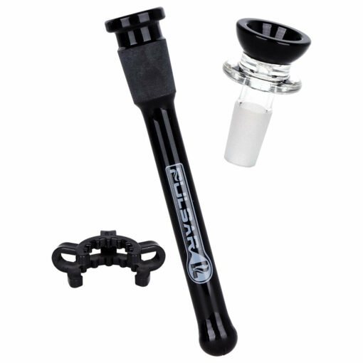 Pulsar Flared Straight Tube Glass Water Pipe showcasing its flared base, ice restriction, and vibrant logo, made from durable borosilicate glass.