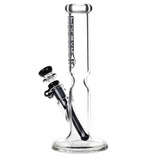 Pulsar Flared Straight Tube Glass Water Pipe showcasing its flared base, ice restriction, and vibrant logo, made from durable borosilicate glass.